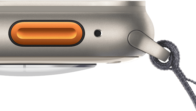 Apple Watch Ultra 2 mit dem Action Button in Orange und robustem Titangehäuse