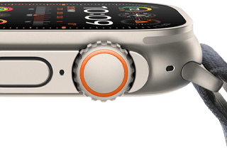 Apple Watch Ultra 2 mit robustem Titangehäuse, flachem Display, Digital Crown und Seitentaste