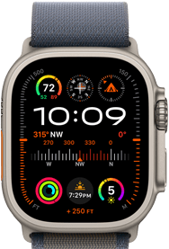 Apple Watch Ultra 2 mit dem Alpine Loop in Blau und einem Zifferblatt mit Komplikationen wie GPS, Temperatur, Kompass, Höhe und Fitness Messwerten