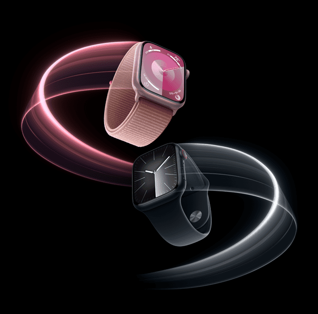 Modelle der Apple Watch Series 9 in dynamischer Bewegung.