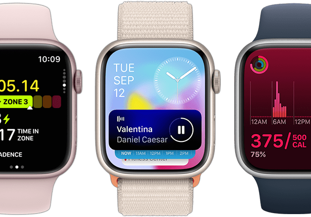 Vorderansicht von fünf Apple Watch Geräten, die zeigen, wie viel mehr Infos mit dem watchOS 10 Update auf das Display passen.
