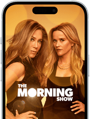 Un iPhone 15 avec Apple TV+ diffusant la série The Morning Show