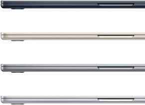 Four MacBook Air laptops showing the finish colors available: Midnight, Starlight, Space Gray, and Silver