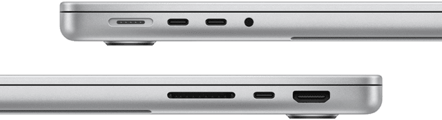 Seitenansicht eines 14" MacBook Pro mit M3 Pro Chip, Anschlüsse werden gezeigt: linke Seite mit MagSafe Anschluss, zwei Thunderbolt 4 Anschlüssen und Kopfhöreranschluss, rechte Seite mit SDXC Kartensteckplatz, einem Thunderbolt 4 Anschluss und HDMI Anschluss
