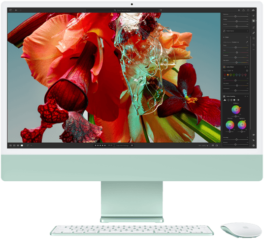 Ein iMac Display mit dem Bild einer farbigen Blume in Lightroom, um den Farbbereich und die Auflösung des 4.5K Retina Displays zu zeigen.