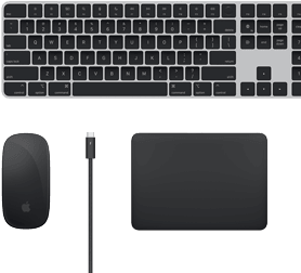 Draufsicht auf Mac Zubehör: Magic Keyboard, Magic Mouse, Magic Trackpad und Thunderbolt Kabel.
