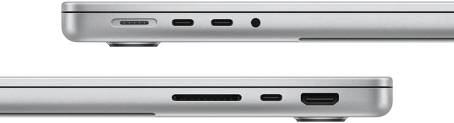Vue latérale d’un MacBook Pro 14 pouces avec puce M3 Pro. Côté gauche : port MagSafe, deux ports Thunderbolt 4 et prise casque. Côté droit : lecteur de carte SDXC, un port Thunderbolt 4 et port HDMI