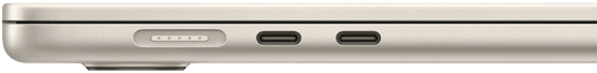 MagSafe Anschluss auf der linken Seite, ganz hinten. Zwei Thunderbolt Anschlüsse auf der linken Seite, vor dem MagSafe Anschluss
