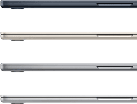Four MacBook Air laptops, closed, showing the finish colors available: Midnight, Starlight, Space Gray, and Silver