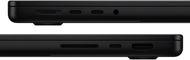 Die Anschlüsse des MacBook Pro werden gezeigt – linke Seite: MagSafe, zwei Thunderbolt Anschlüsse und Kopfhöreranschluss – rechte Seite: SDXC, ein Thunderbolt Anschluss und HDMI