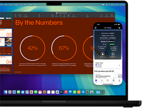 Die iPhone Synchronisierung wird mit einem iPhone Display auf einem MacBook Pro Display gezeigt