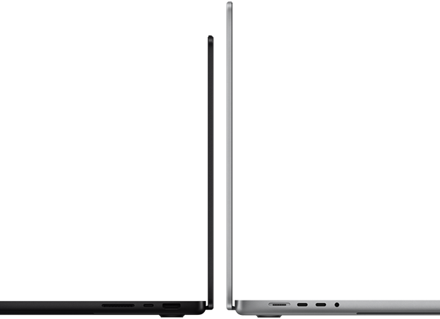 14" und 16" MacBook Pro Rückseite an Rückseite, um den Grössenunterschied und das dünne Profil zu zeigen
