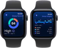 Two Apple Watch SE 3 devices with Midnight aluminum cases showing sleep score and a possible sleep apnea alert on screens