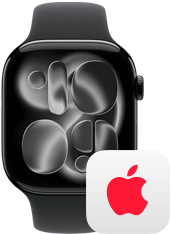 Apple Watch Series 11, Aluminiumgehäuse Diamantschwarz, rechte Seitenansicht: Digital Crown, Sportarmband Schwarz, AppleCare+ Logo