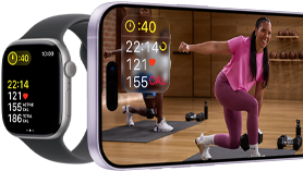 Apple Watch Series 11, Aluminiumgehäuse Diamantschwarz, Trainingsdaten, Sportarmband in Nebelviolett, ein Workout Video wird auf gekoppeltem iPhone abgespielt