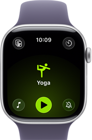 Apple Watch Series 11, Aluminiumgehäuse Silber, Yogatraining geöffnet, rechte Seitenansicht: Digital Crown, Sportarmband in Nebelviolett