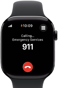 Apple Watch Series 11, Aluminiumgehäuse Diamantschwarz, ein Notruf auf dem Display, rechte Seitenansicht: Digital Crown, Sportarmband Schwarz