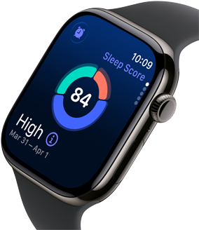 Nahaufnahme der Apple Watch Series 11 mit einem Titangehäuse Schiefer, auf dem Display wird der Schlafindex angezeigt