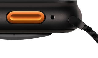 Apple Watch Ultra 3, Farbe Schwarz, Titangehäuse, konvexer Sensor auf der Rückseite, linke Seitenansicht, Lautsprecher/Lüftungsöffnung, Actiontaste, Mikrofon