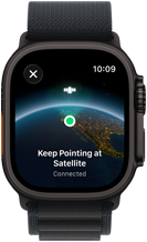Apple Watch Ultra 3, Farbe Schwarz, Titangehäuse, «Weiterhin auf Satelliten richten» über Erdkugel mit einem Standort auf dem Display, Armband, Alpine Loop