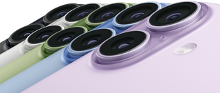 iPhone 17, exterior rear, Fusion dual-camera system, all five colors overlapping: Black, White, Sage, Mist Blue, and Lavender