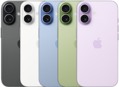 iPhone 17, exterior rear, Fusion dual-camera system, all five colors overlapping: Black, White, Mist Blue, Sage, and Lavender