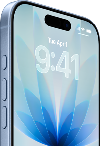 iPhone 17, exterior front, Blue Mist color, Dynamic island centered, buttons: action button, volume