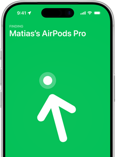 iPhone 17 Pro, Display zeigt „Wo ist?“ mit Genauer Suche, Text: Marks AirPods Pro