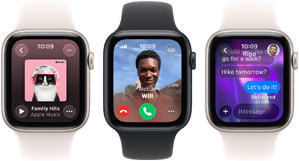 Drei Apple Watch Geräte nebeneinander, eines zeigt die Apple Music App, eines einen eingehenden Telefonanruf und eines eine iMessage Konversation
