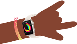 Cartoon-Illustration eines Kinderhandgelenks mit einer Apple Watch SE 3, die die Aktivitätsapp zeigt