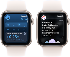 Zwei Apple Watch SE 3 Geräte mit Aluminiumgehäusen in Polarstern zeigen die Vitalzeichen App