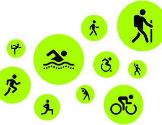 Trainingssymbole, animierte stilisierte Personen laufen, gehen, schwimmen, nutzen einen Rollstuhl, wandern, fahren Fahrrad, machen einen Ausfallschritt, tanzen, stretchen sich und machen Yoga