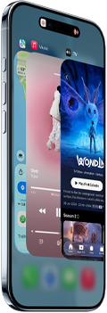 iPhone Air, Vorderseite, Seite, dünnes Profil, Dynamic Island oben Mitte, App-Umschalter wird verwendet, Tasten: Action, Lautstärke