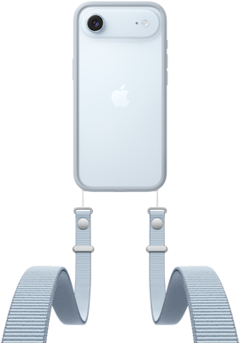 iPhone Air, Rückseite, Farbe Himmelblau, Fusion Kamera-System im oberen Bereich, Apple Logo in der Mitte, Crossbody Band mit Bumper in hellgrauer Farbe angebracht