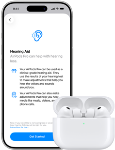 AirPods Pro 3 dans le Boîtier de charge MagSafe, iPhone 17 Pro, texte à l’écran : Appareil auditif