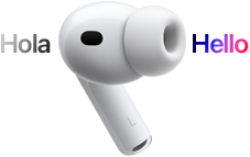 AirPods Pro 3, écouteur avec embout en silicone, Traduction en direct remplace le texte espagnol « hola » par le texte anglais « hello »