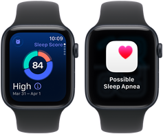 Deux Apple Watch SE 3 avec boîtiers en aluminium minuit affichent un score de sommeil et une alerte de possible apnée du sommeil