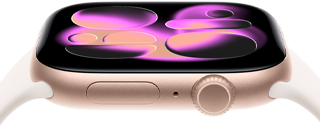 Apple Watch Series 11, boîtier en aluminium or rose, cadran Responsive Art, côté droit : Digital Crown, microphone, bouton latéral, Bracelet Sport rose tendre
