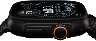 Apple Watch Ultra 3, vue latérale, boîtier en titane noir, boussole sur le cadran Orientation, bouton latéral et Digital Crown