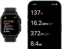 Les données d’un exercice en cours sur une Apple Watch Ultra 3 et un iPhone