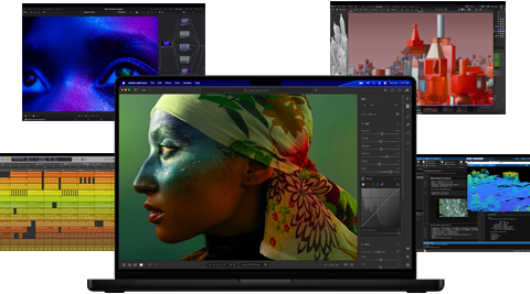 Verschiedene bunte Inhalte auf dem Display aus Apps für Musikproduktion, Videoschnitt, 3D Animation und Fotobearbeitung auf dem Mac, die eine leistungsstarke Grafikperformance demonstrieren