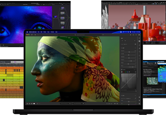 Verschiedene bunte Inhalte auf dem Display aus Apps für Musikproduktion, Videoschnitt, 3D Animation und Fotobearbeitung auf dem Mac, die eine leistungsstarke Grafikperformance demonstrieren