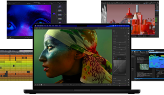 Verschiedene bunte Inhalte auf dem Display aus Apps für Musikproduktion, Videoschnitt, 3D Animation und Fotobearbeitung auf dem Mac, die eine leistungsstarke Grafikperformance demonstrieren