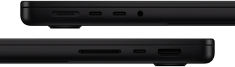 Die Anschlüsse des MacBook Pro werden gezeigt – linke Seite: MagSafe 3, zwei Thunderbolt Anschlüsse und Kopfhöreranschluss – rechte Seite: SDXC Kartensteckplatz, ein Thunderbolt Anschluss und HDMI