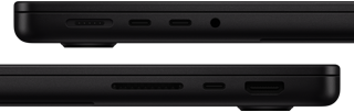 Die Anschlüsse des MacBook Pro werden gezeigt – linke Seite: MagSafe 3, zwei Thunderbolt Anschlüsse und Kopfhöreranschluss – rechte Seite: SDXC Kartensteckplatz, ein Thunderbolt Anschluss und HDMI