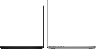 14" und 16" MacBook Pro Geräte stehen mit den Rückseiten zueinander, um den Grössenunterschied und das schmale Profil zu verdeutlichen