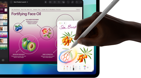 iPad Pro, Vorderseite, das Display zeigt einen Hintergrund mit dunkelblauem und grünem Farbverlauf und mehrere geöffnete Apps, eine Hand hält den Apple Pencil Pro und kreist eine Skizze ein, die das Apple Intelligence Feature „Bildkreation“ zeigt