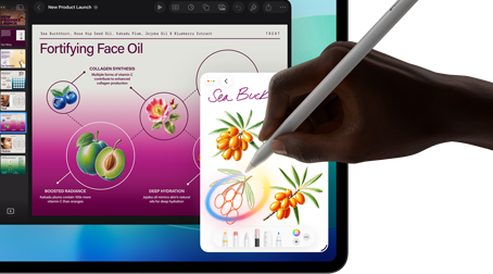 iPad Pro, écran face avant avec fond dégradé bleu foncé et vert et plusieurs apps ouvertes, main tenant un Apple Pencil Pro encerclant un croquis et illustrant la fonctionnalité baguette graphique d’Apple Intelligence