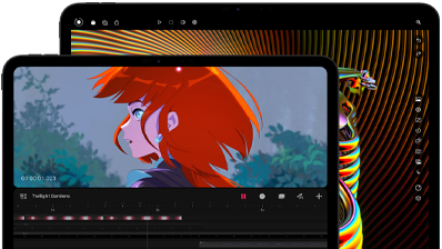 iPad Pro 13 pouces et iPad Pro 11 pouces, face avant, orientation paysage, noir sidéral, angles arrondis, cadre noir de l’écran, écran de l’iPad 11 pouces affichant une image éclatante d’un personnage aux cheveux roux, écran de l’iPad 13 pouces affichant des éléments colorés de l’interface de retouche photo