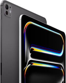 iPad Pro, face arrière, noir sidéral, boutons de réglage du volume et système caméra pro, iPad Pro, face avant, argent, angles arrondis, cadre noir de l’écran, écran affichant un fond noir avec des lignes abstraites multicolores